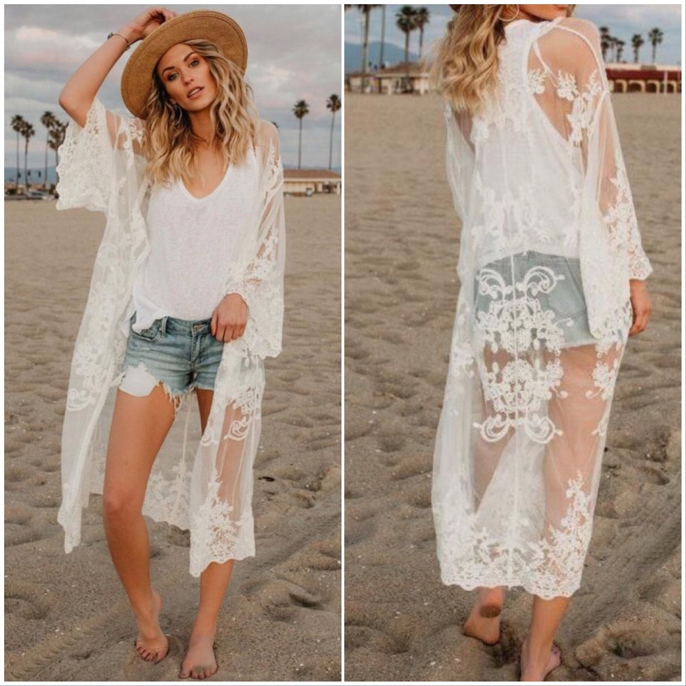 Vici long lace boho kimono bikini cover up